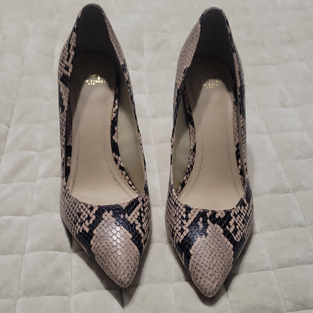 Marc Fisher Snakeskin Patterned Heels in Black and Tan